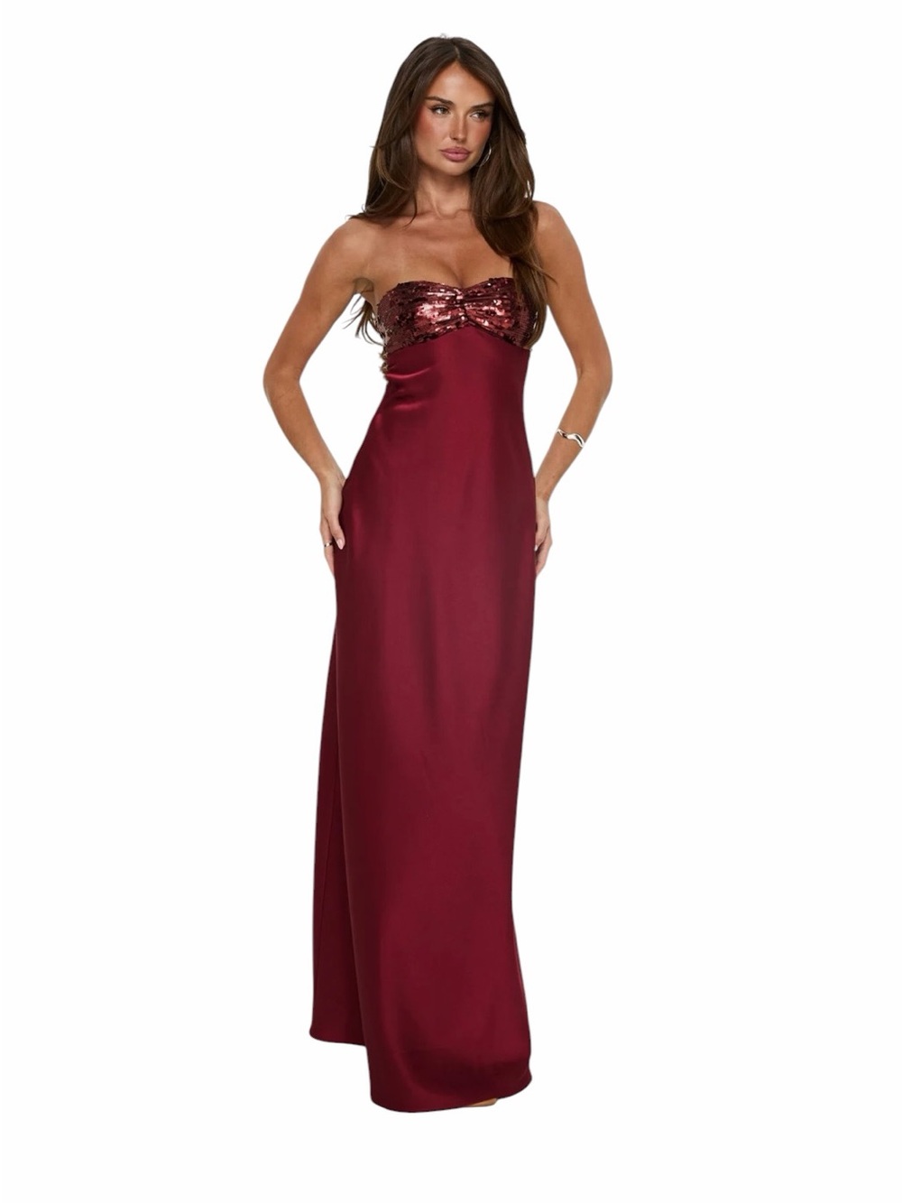 Princess Polly - NWT See The Vision Sequin Bust Maxi Dress Burgundy Sz US 8